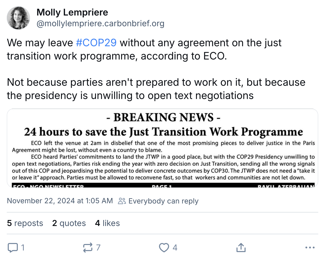 Molly Lempriere on Bluesky: We may leave COP29 without any agreement on the just transition work programme, according to ECO. 